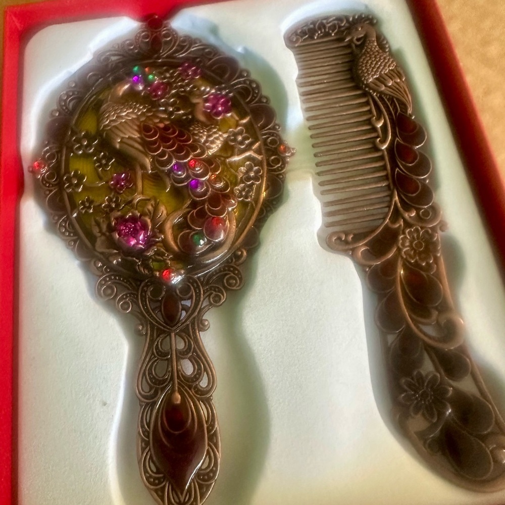 Peacock rhinestone encrusted metal Brown Hand Mirror mini Comb Set